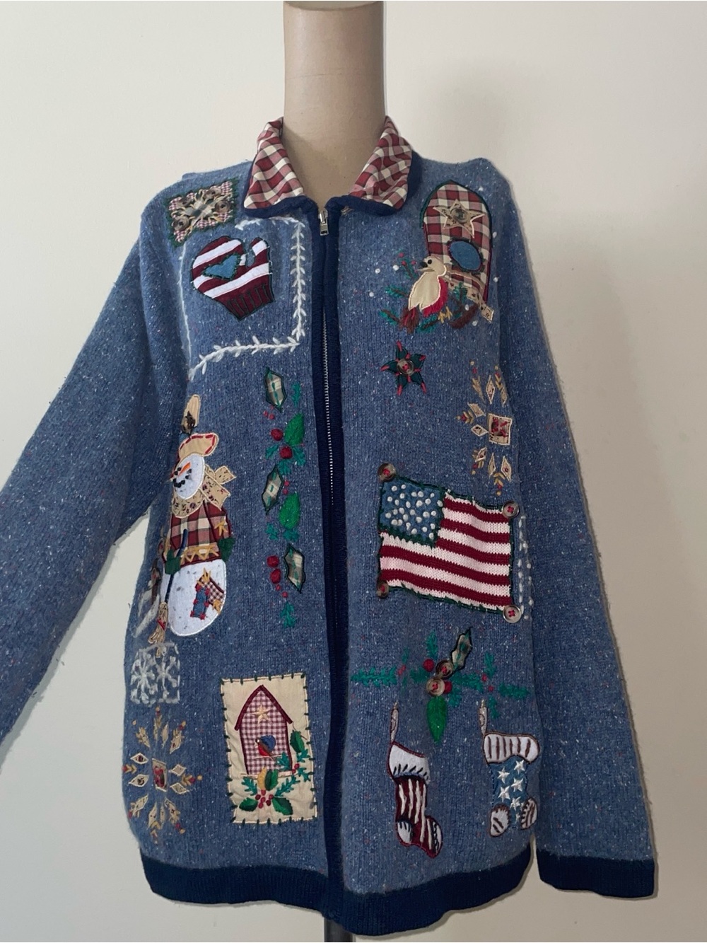 Blue Embroidered Holiday-Patriotic Knit Sweater zippered